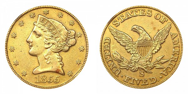 1855 S Liberty Head $5 Gold Half Eagle - Five Dollars 