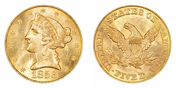 1856 Liberty Head $5 Gold Half Eagle - Five Dollars 