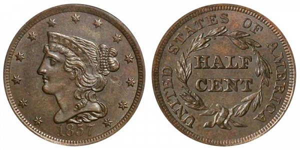 1857 Braided Hair Half Cent Penny 