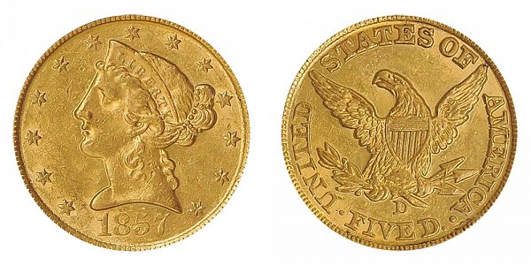 1857 D Liberty Head $5 Gold Half Eagle - Five Dollars 