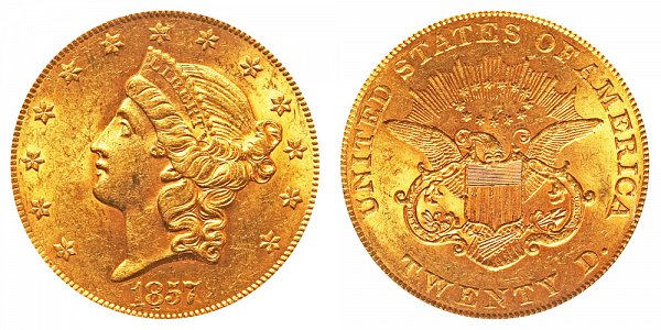 1857 Liberty Head $20 Gold Double Eagle - Twenty Dollars 
