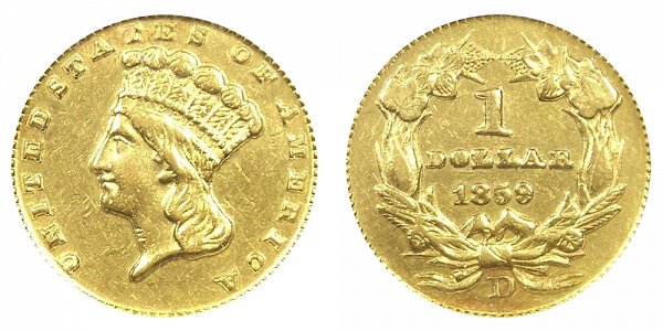 1859 D Large Indian Princess Head Gold Dollar G$1 
