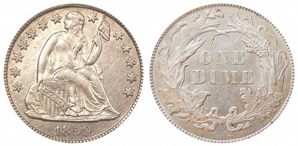 1859 Transitional Pattern Seated Liberty Dime - Reverse of 1860 - Obverse of 1859 