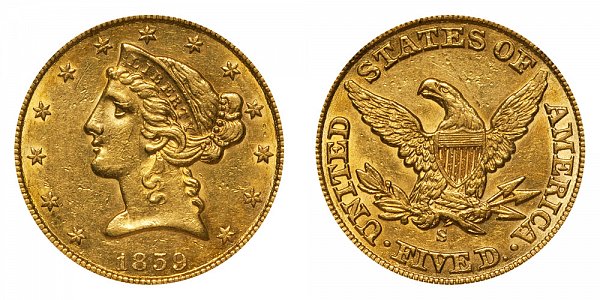 1859 S Liberty Head $5 Gold Half Eagle - Five Dollars 