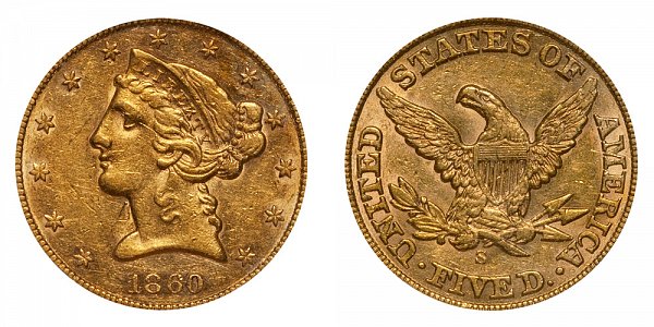 1860 S Liberty Head $5 Gold Half Eagle - Five Dollars 