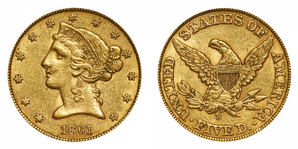 1861 S Liberty Head $5 Gold Half Eagle - Five Dollars 
