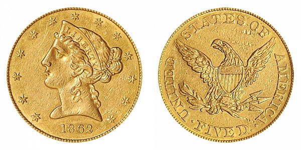 1862 Liberty Head $5 Gold Half Eagle - Five Dollars 