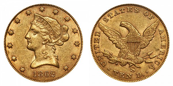 1862 S Liberty Head $10 Gold Eagle - Ten Dollars 