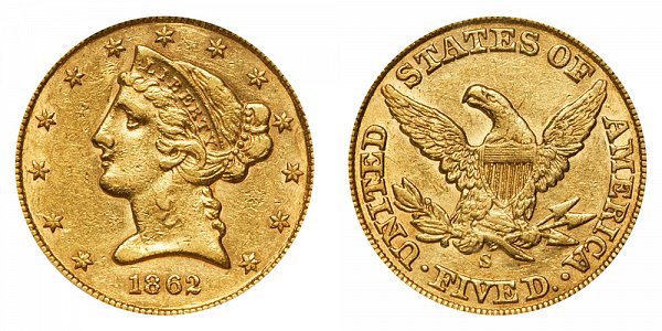 1862 S Liberty Head $5 Gold Half Eagle - Five Dollars 