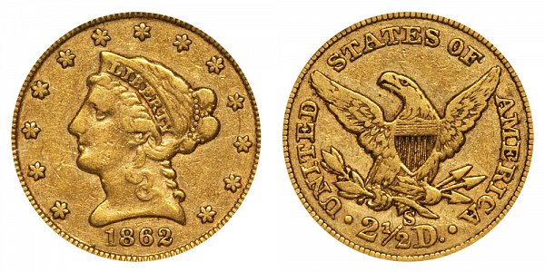 1862 S Liberty Head $2.50 Gold Quarter Eagle - 2 1/2 Dollars 