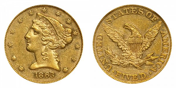 1863 Liberty Head $5 Gold Half Eagle - Five Dollars 