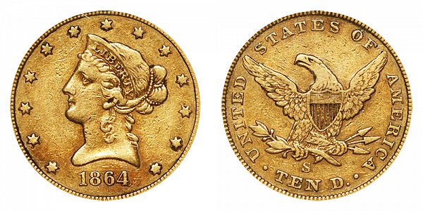1864 S Liberty Head $10 Gold Eagle - Ten Dollars 