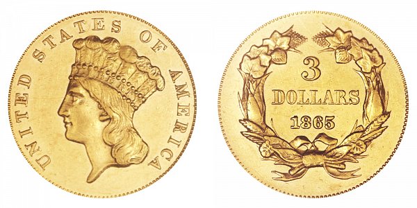 1865 Indian Princess Head $3 Gold Dollars - Three Dollars 