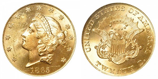 1865 Liberty Head $20 Gold Double Eagle - Twenty Dollars 