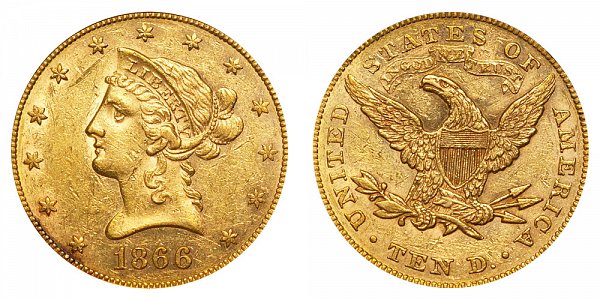 1866 With Motto - Liberty Head $10 Gold Eagle - Ten Dollars 