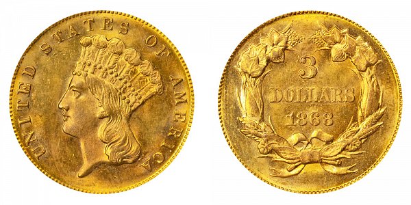 1868 Indian Princess Head $3 Gold Dollars - Three Dollars 