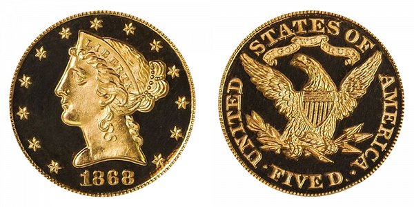 1868 Liberty Head $5 Gold Half Eagle - Five Dollars 