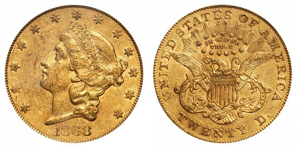 1868 S Liberty Head $20 Gold Double Eagle - Twenty Dollars 