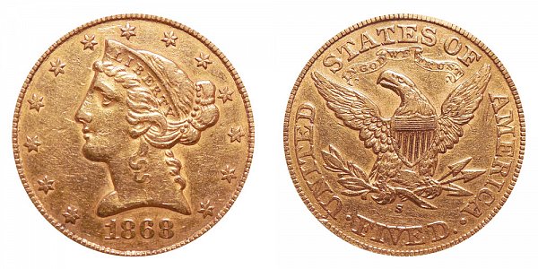 1868 S Liberty Head $5 Gold Half Eagle - Five Dollars 
