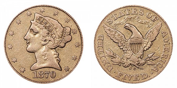 1870 CC Liberty Head $5 Gold Half Eagle - Five Dollars 
