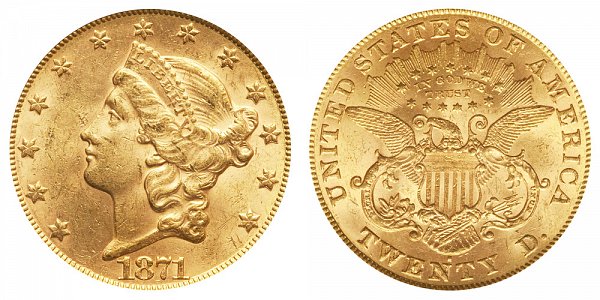 1871 S Liberty Head $20 Gold Double Eagle - Twenty Dollars 