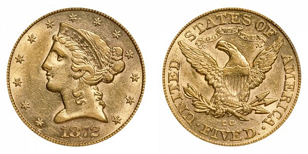 1872 CC Liberty Head $5 Gold Half Eagle - Five Dollars 