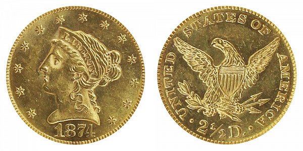 1874 Liberty Head $2.50 Gold Quarter Eagle - 2 1/2 Dollars 