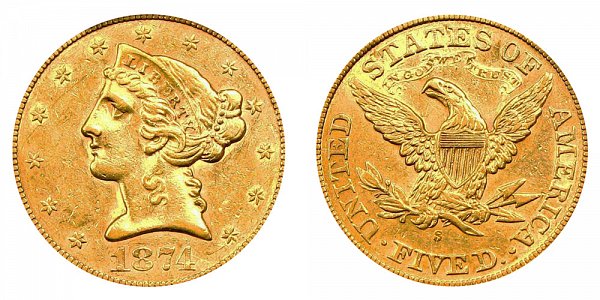 1874 S Liberty Head $5 Gold Half Eagle - Five Dollars 