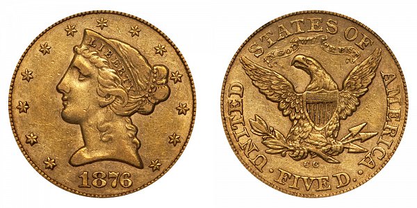 1876 CC Liberty Head $5 Gold Half Eagle - Five Dollars 