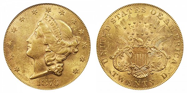 1876 S Liberty Head $20 Gold Double Eagle - Twenty Dollars 