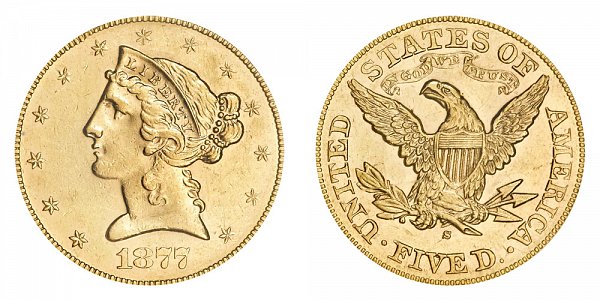 1877 S Liberty Head $5 Gold Half Eagle - Five Dollars 