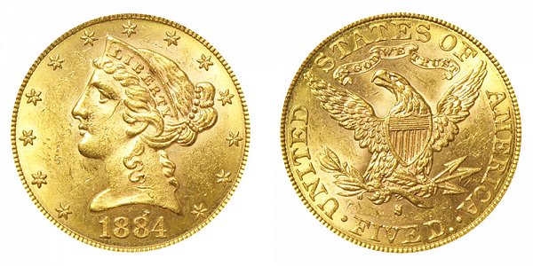 1884 S Liberty Head $5 Gold Half Eagle - Five Dollars 