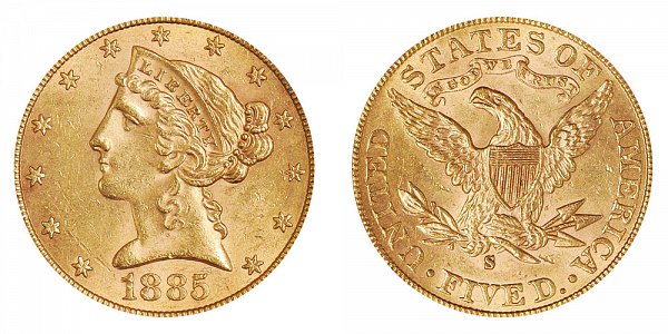 1885 S Liberty Head $5 Gold Half Eagle - Five Dollars 