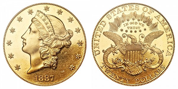 1887 Liberty Head $20 Gold Double Eagle - Twenty Dollars 