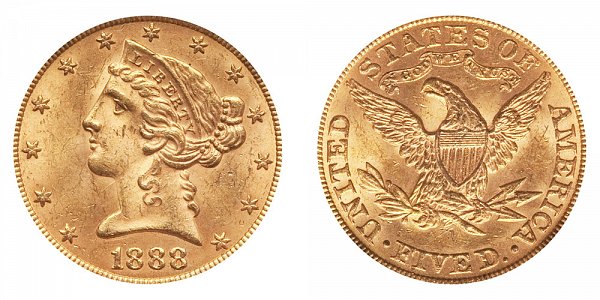 1888 Liberty Head $5 Gold Half Eagle - Five Dollars 