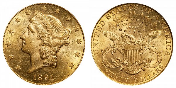 1891 CC Liberty Head $20 Gold Double Eagle - Twenty Dollars 