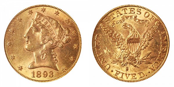 1893 S Liberty Head $5 Gold Half Eagle - Five Dollars 