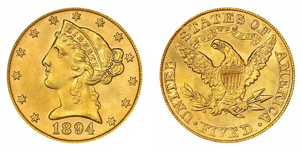 1894 Liberty Head $5 Gold Half Eagle - Five Dollars 