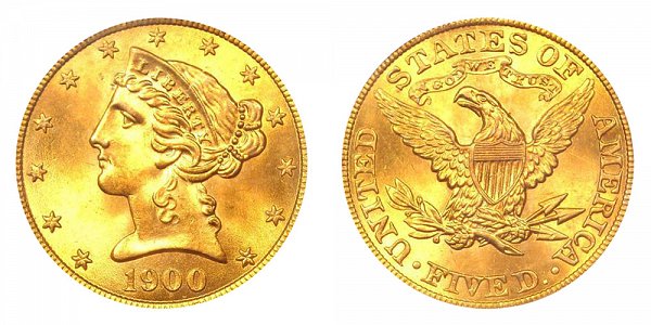 1900 Liberty Head $5 Gold Half Eagle - Five Dollars 