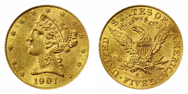 1901/0 S Liberty Head $5 Gold Half Eagle - 1 Over 0 Overdate - Five Dollars 