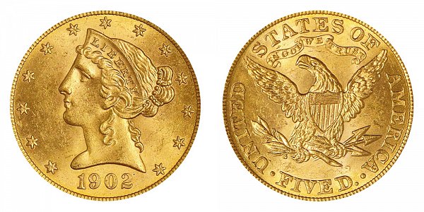 1902 Liberty Head $5 Gold Half Eagle - Five Dollars 