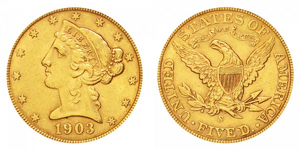 1903 S Liberty Head $5 Gold Half Eagle - Five Dollars 