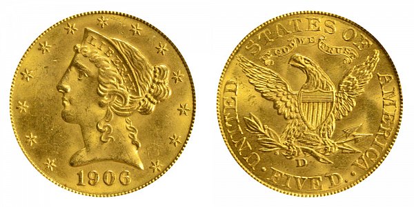 1906 D Liberty Head $5 Gold Half Eagle - Five Dollars 