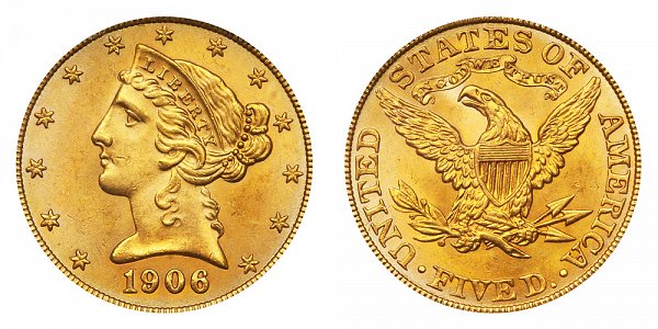 1906 Liberty Head $5 Gold Half Eagle - Five Dollars 