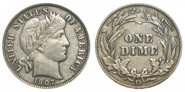 1907 D Silver Barber Dime 