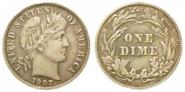 1907 S Silver Barber Dime 