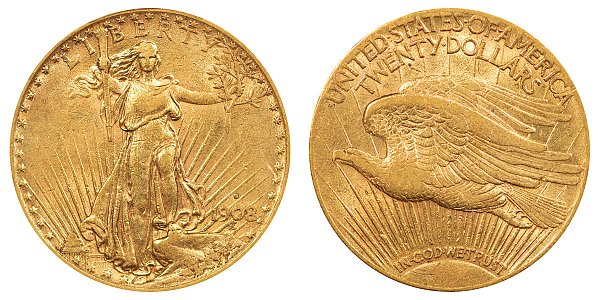 1908 S With Motto - Saint Gaudens $20 Gold Double Eagle - Twenty Dollars 