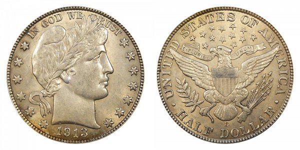 1913 D Barber Silver Half Dollar 