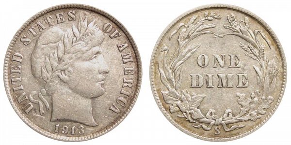 1913 S Silver Barber Dime 