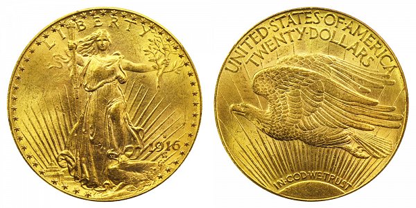 1916 S Saint Gaudens $20 Gold Double Eagle - Twenty Dollars 